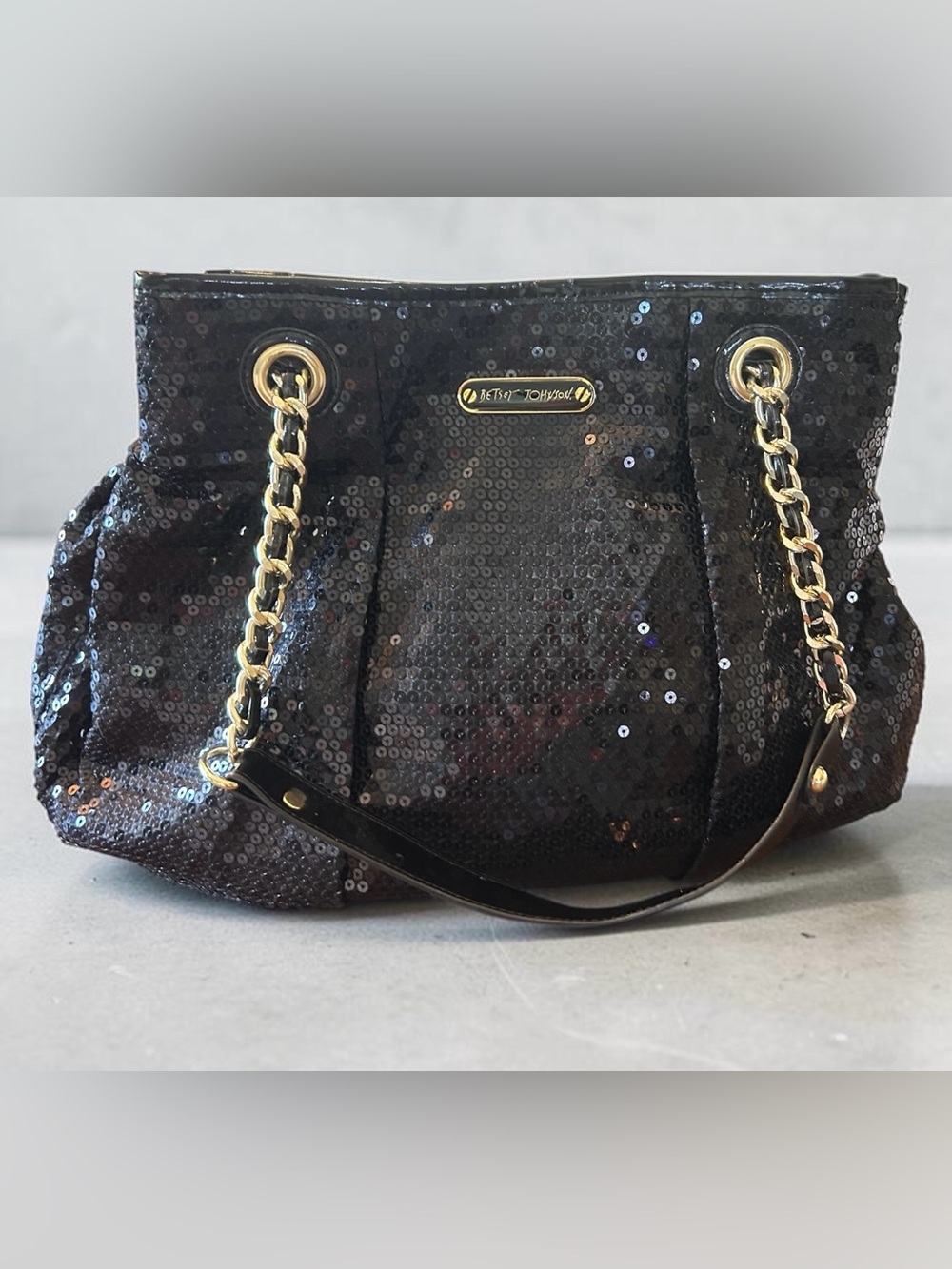 Betsey Johnson Black Sequin Tote Bag Gold Chain Shoulder Purse Glam Y2K